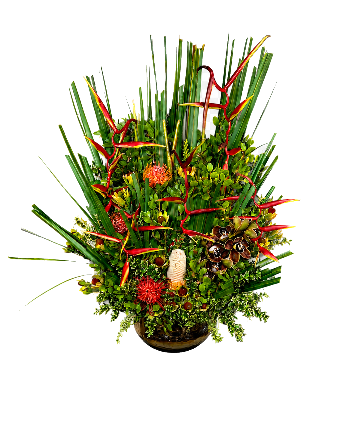 Low seasonal floral installation on a black surface