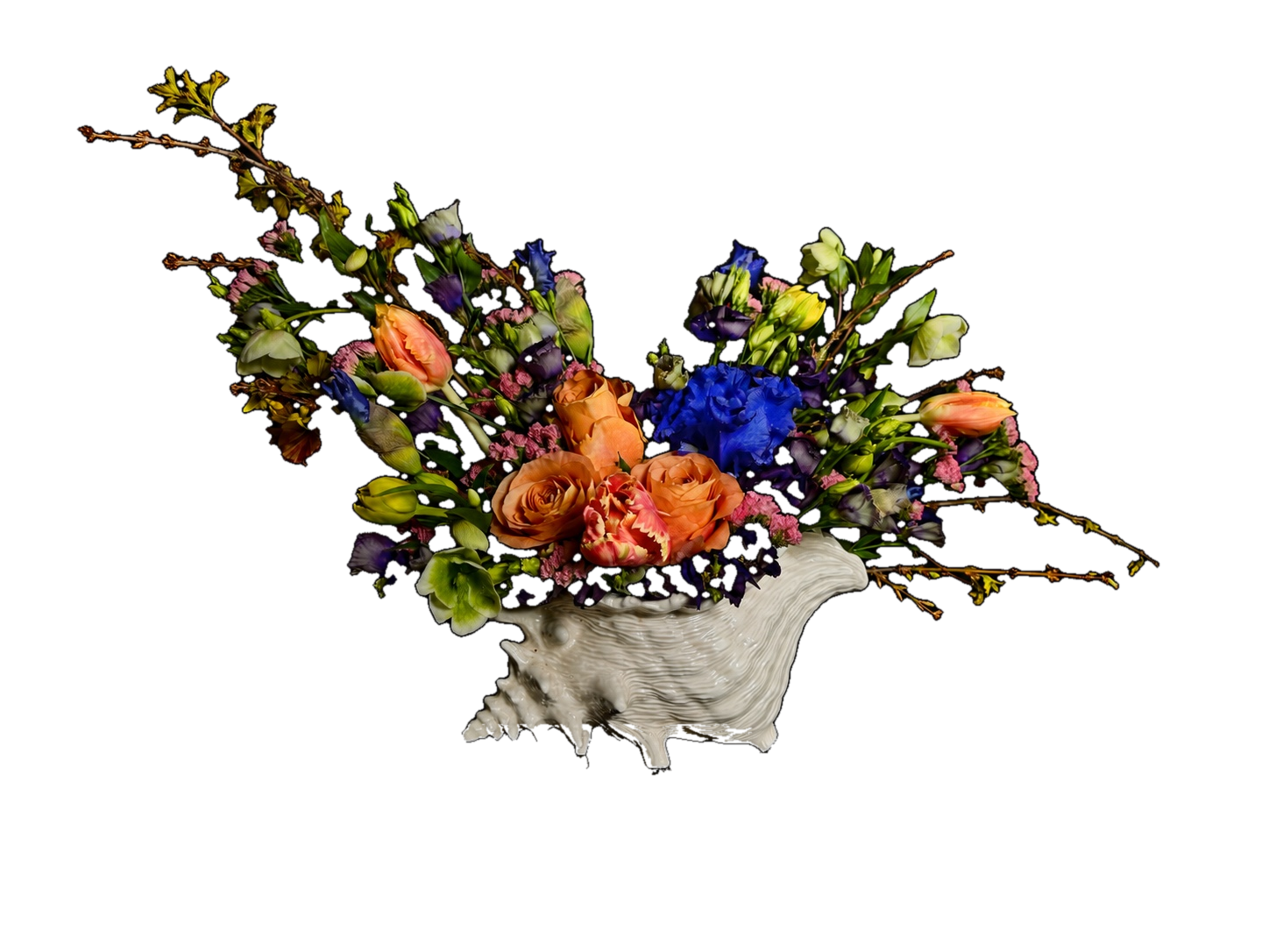 Sculptural luxury floral arrangement in a shell vessel